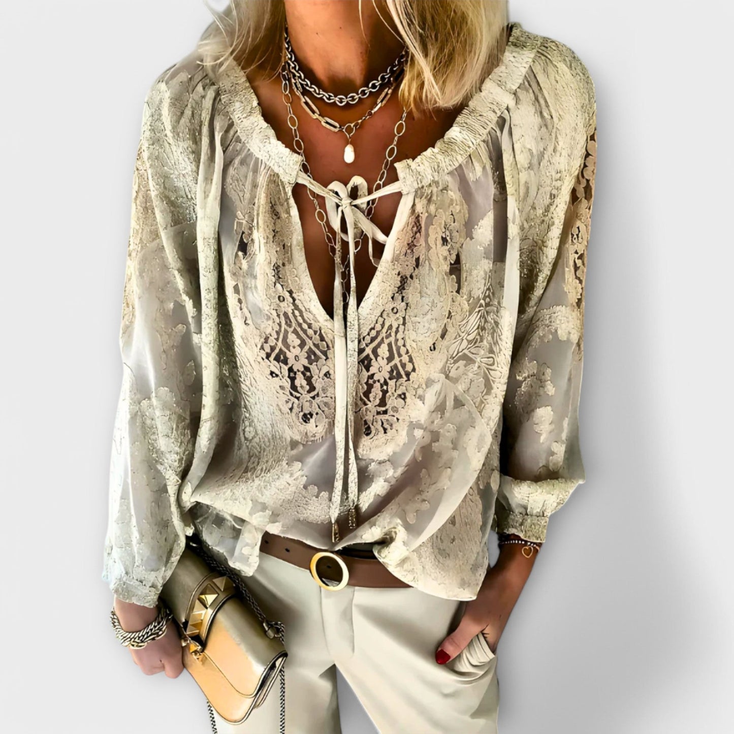 Tammie | Women's Lace V-Neck Blouse Long Sleeve Boho Top – Lace Detail, Boho