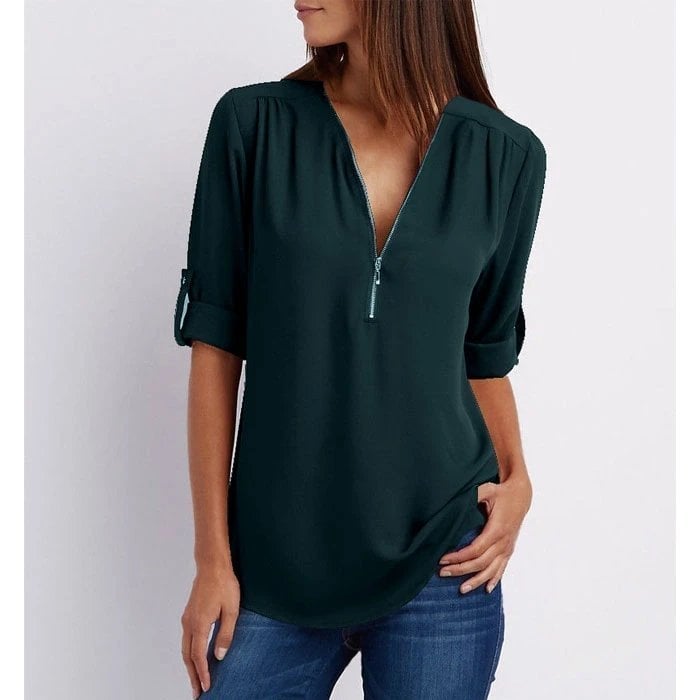 Jaizy | Women's Zip-Up V-Neck Half Sleeve Casual Blouse Top – V-Neck, Casual