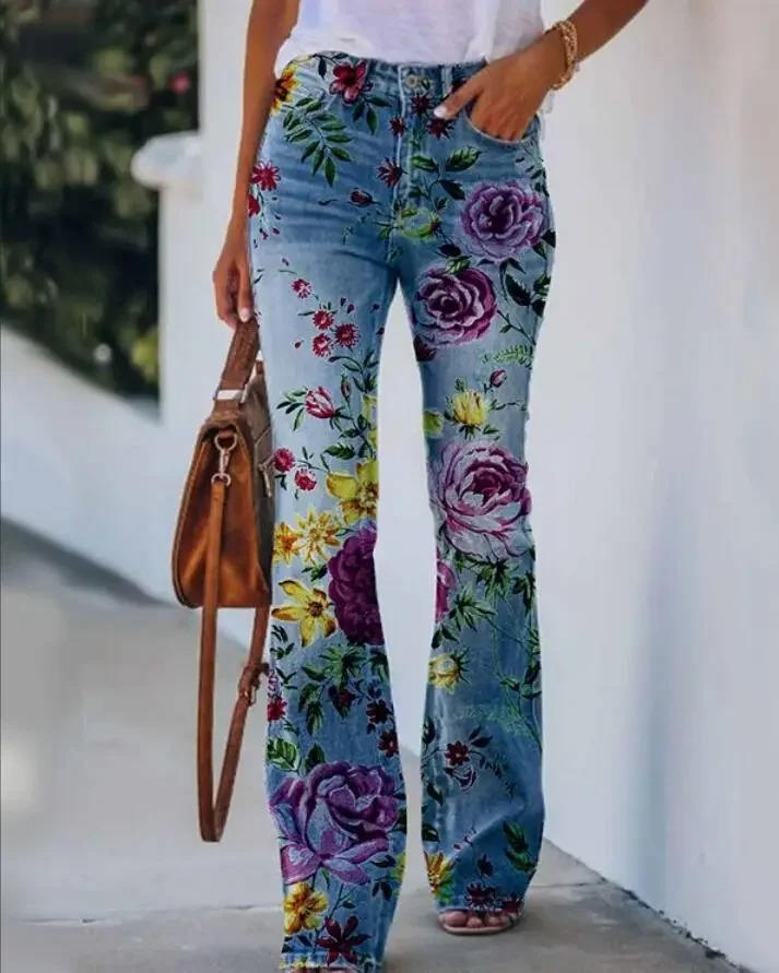 Elli | Women's Floral Print High Waist Flare Jeans – Floral Print