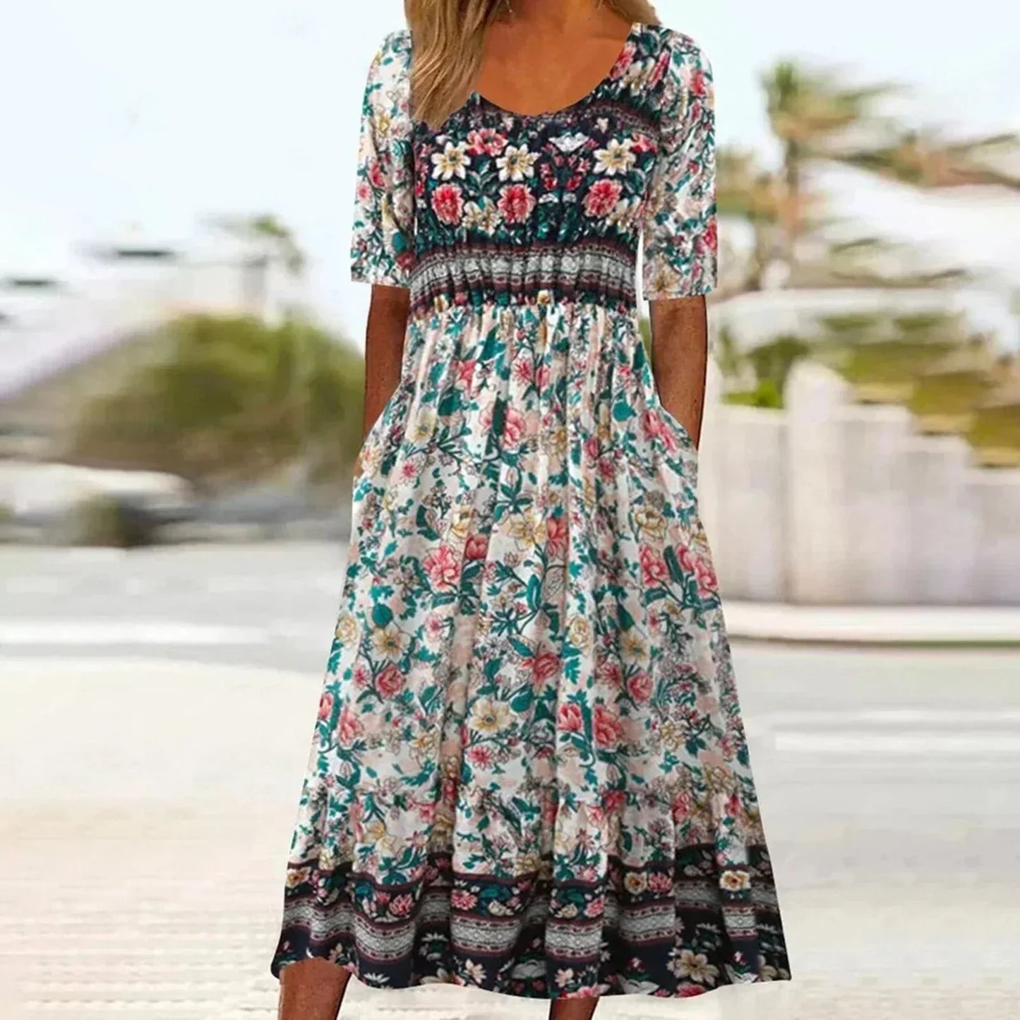 Anita | Women's Dress with Bohemian Print and Round Neckline