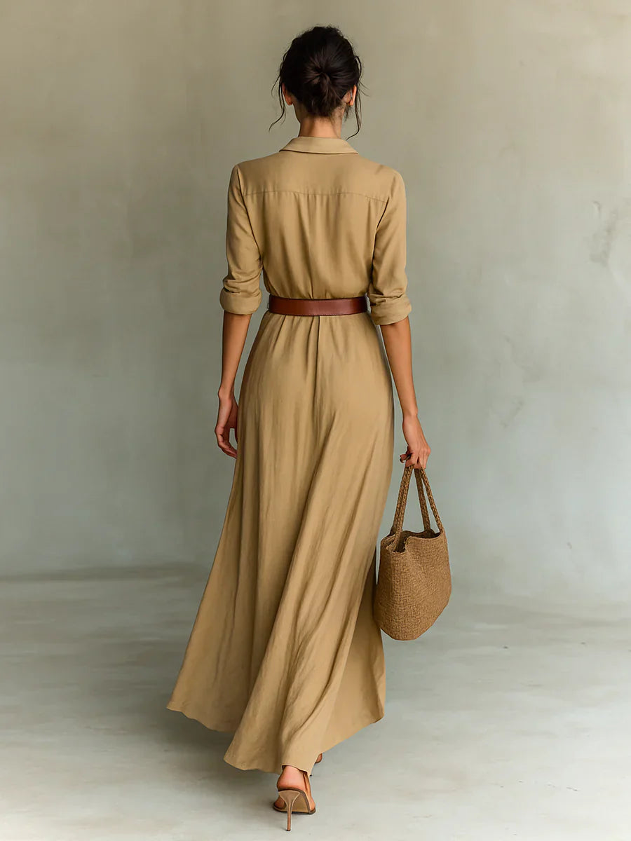 Martha | Women's Lapel Long Sleeve Belted Maxi Dress – Maxi, Long Sleeve