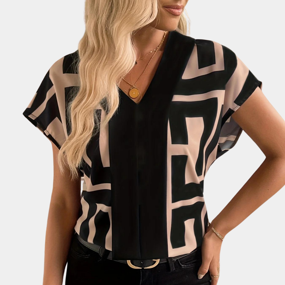 Christina | Women's Geometric Print V-Neck Short Sleeve Blouse – V-Neck, Short Sleeve