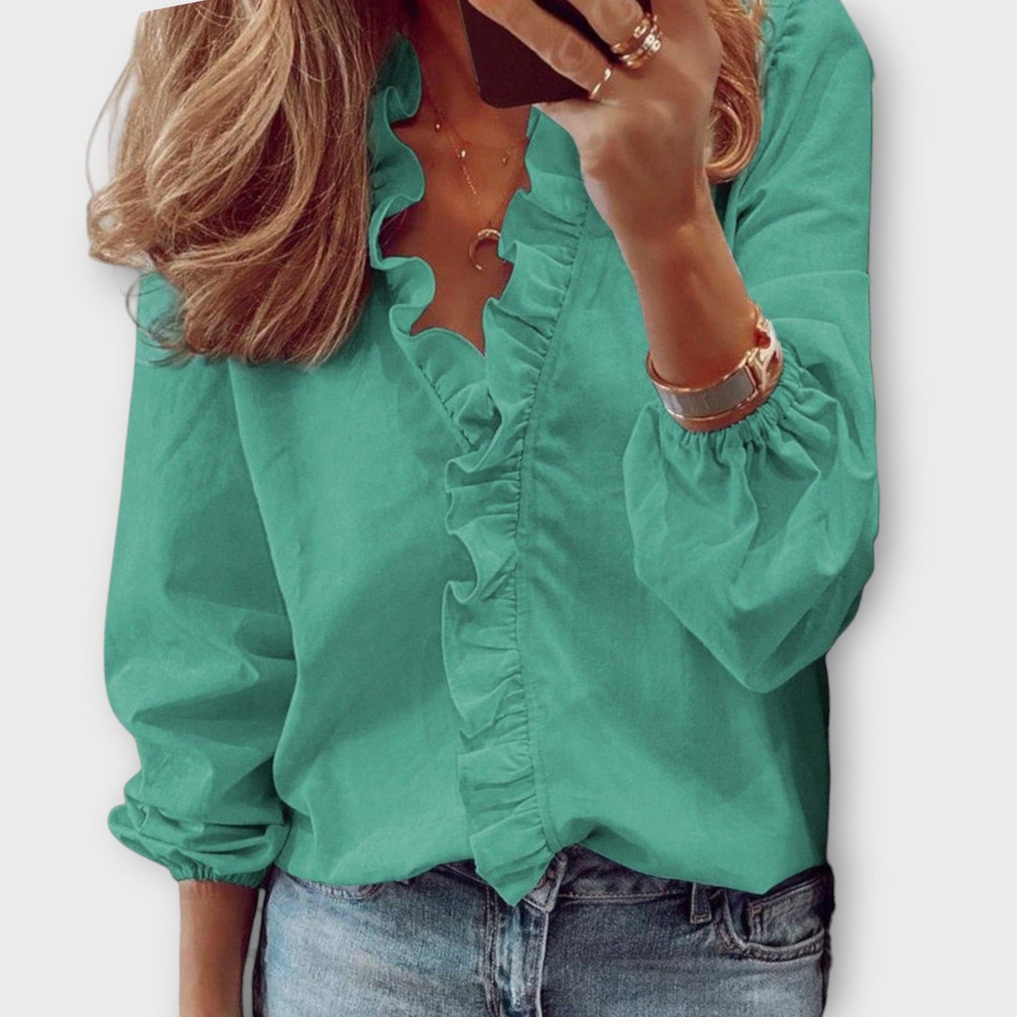 Helen | Women's Ruffle Front V-Neck Long Sleeve Blouse – V-Neck, Long Sleeve