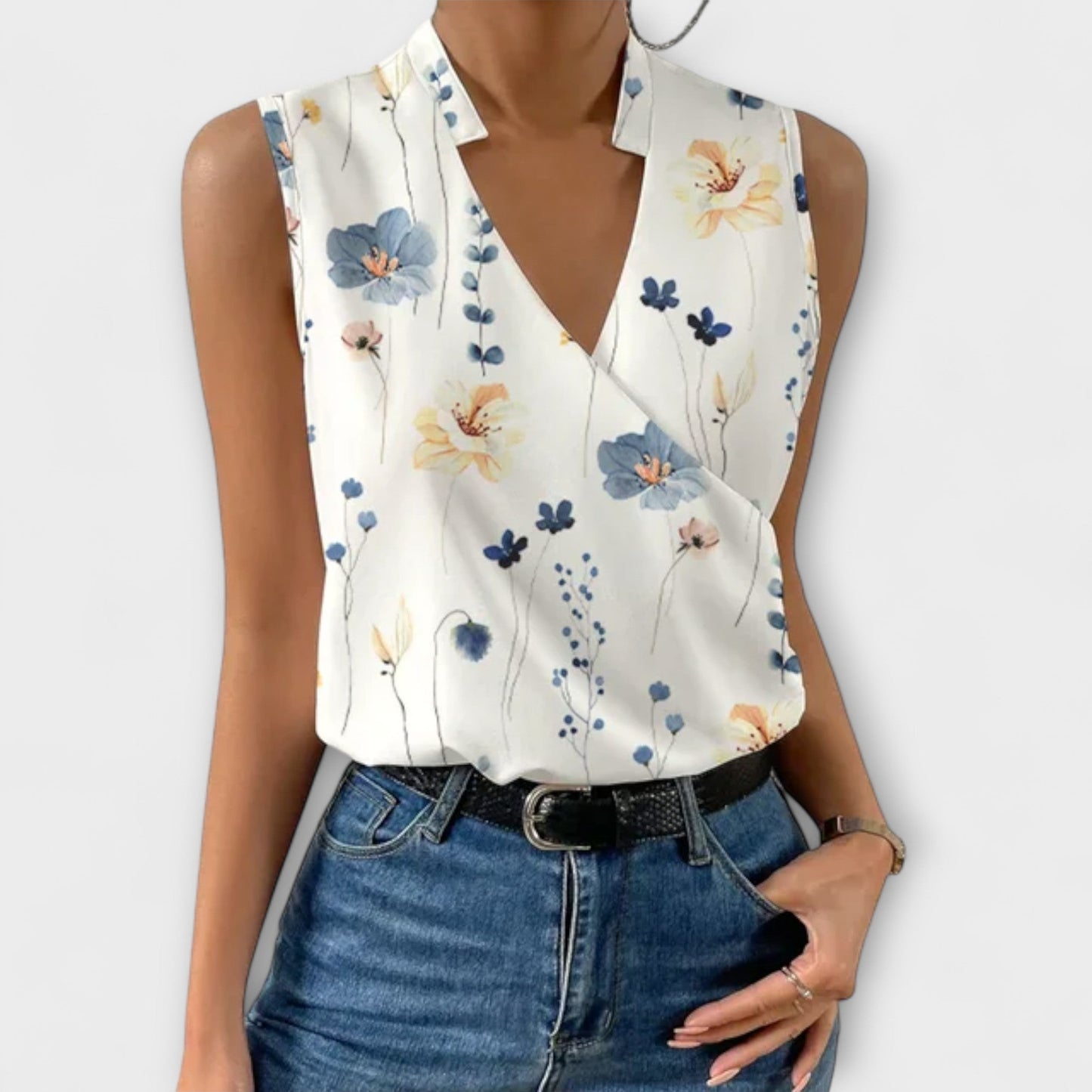 Eileen | Women's Sleeveless Wrap V-Neck Top Collared Blouse – Wrap Style, V-Neck