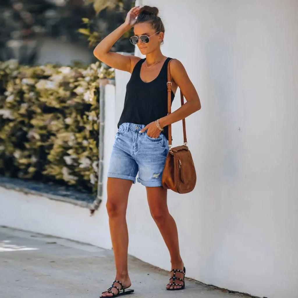 Nicole | Women's High Waist Denim Shorts Distressed Rolled Hem