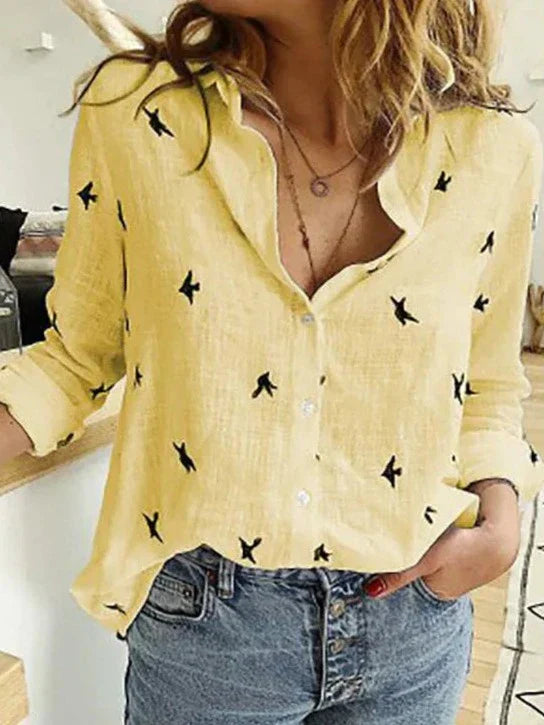 Bethany | Women's Button-Down Shirt Long Sleeve Bird Print Blouse – Casual