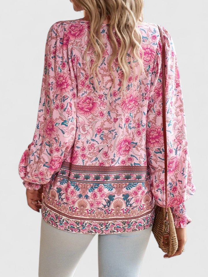 Ava | Women's Floral Boho Blouse V-Neck Puff Sleeve Top – Floral Print
