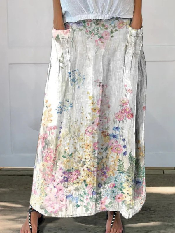 Joan | Women's Vintage Botanical Floral Elastic waistband Pocket Skirt – Floral Print, Feminine