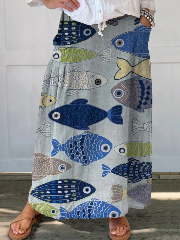 Linda | Women's Vintage Lovely Fish Art Print Pocket Skirt – Feminine