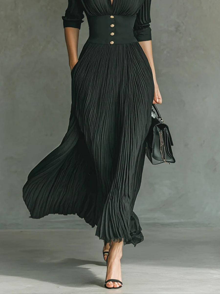 Tamsina | Women's Elegant Pleated Lapel Waist Maxi Dress – Maxi, Pleated