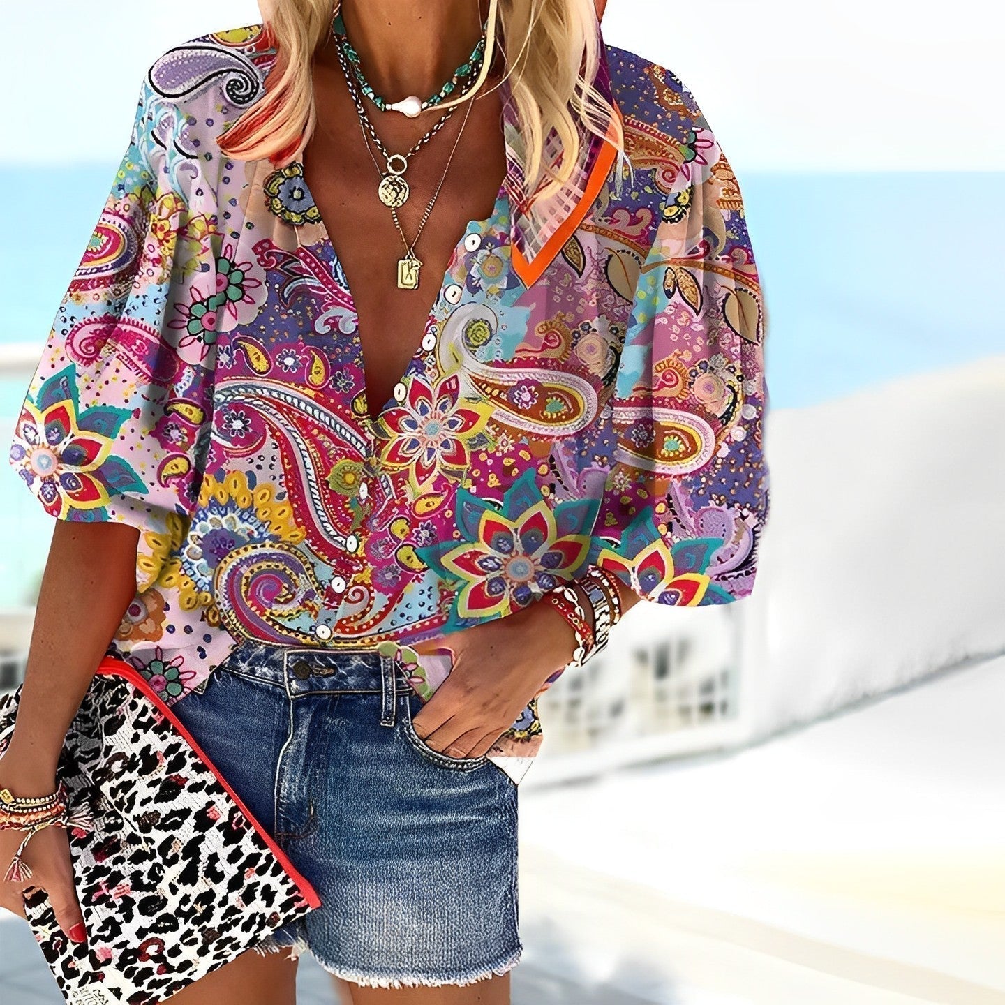 Amber | Women's Boho Paisley Print Button-Up Blouse – Boho, Casual