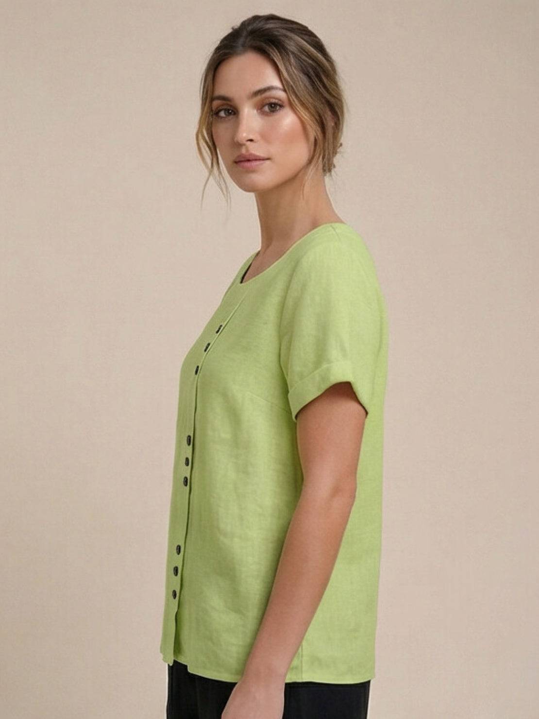 Rhonda | Women's Casual Scoop Neck Button Detail Short Sleeve Top – Short Sleeve, Casual