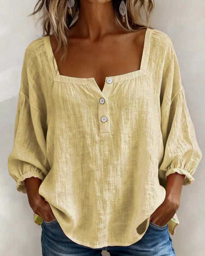 Angelina | Women's Square Neck Blouse 3/4 Puff Sleeve Button Top – Casual