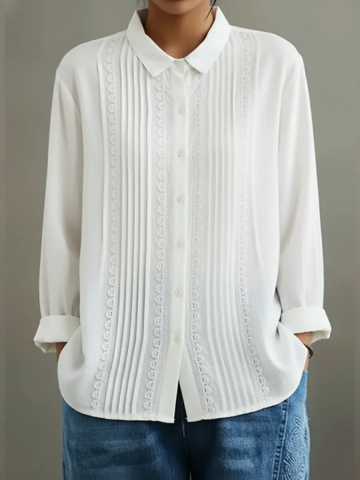 Barrel | Women's Lace Trim Button-Up Long Sleeve Blouse – Lace Detail