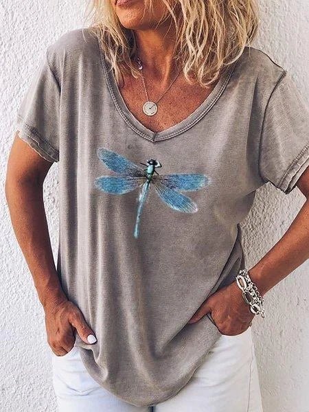 Colette | Women's Dragonfly Print V-Neck Short Sleeve Casual Tee – V-Neck, Short Sleeve