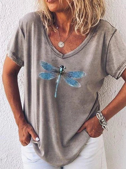 Colette | Women's Dragonfly Print V-Neck Short Sleeve Casual Tee – V-Neck, Short Sleeve