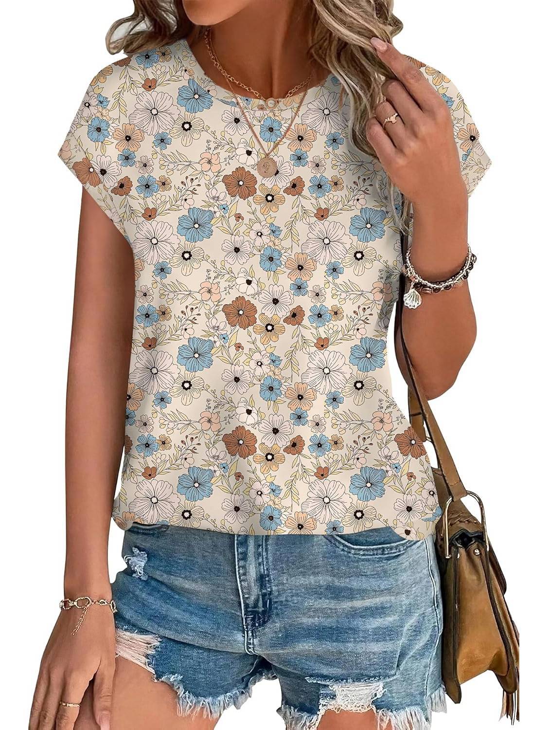 Bonnie | Women's Leaf Print Crew Neck Cap Sleeve Casual Top