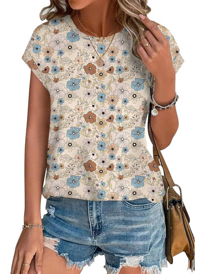 Bonnie | Women's Leaf Print Crew Neck Cap Sleeve Casual Top