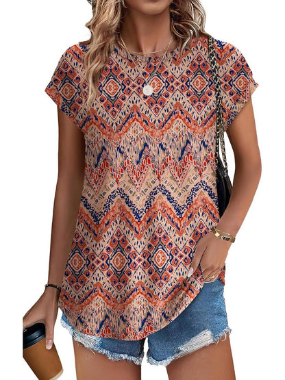 Bonnie | Women's Leaf Print Crew Neck Cap Sleeve Casual Top