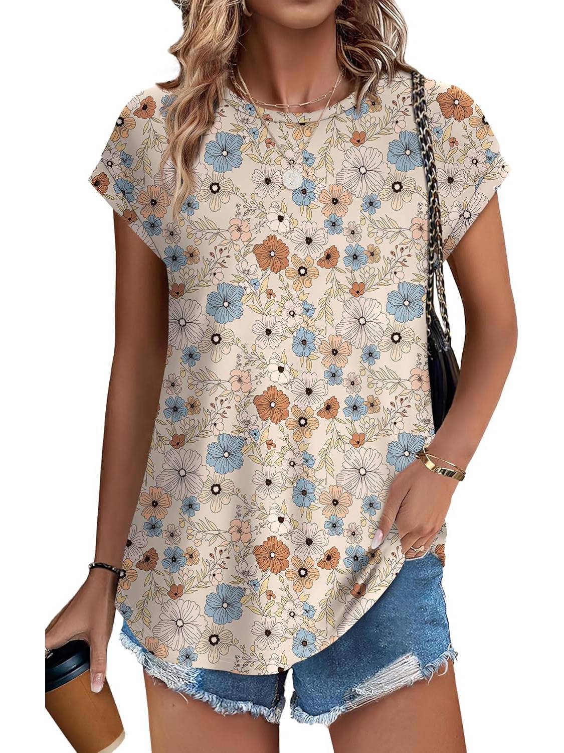 Bonnie | Women's Leaf Print Crew Neck Cap Sleeve Casual Top