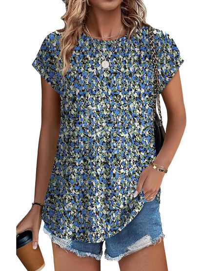 Bonnie | Women's Leaf Print Crew Neck Cap Sleeve Casual Top