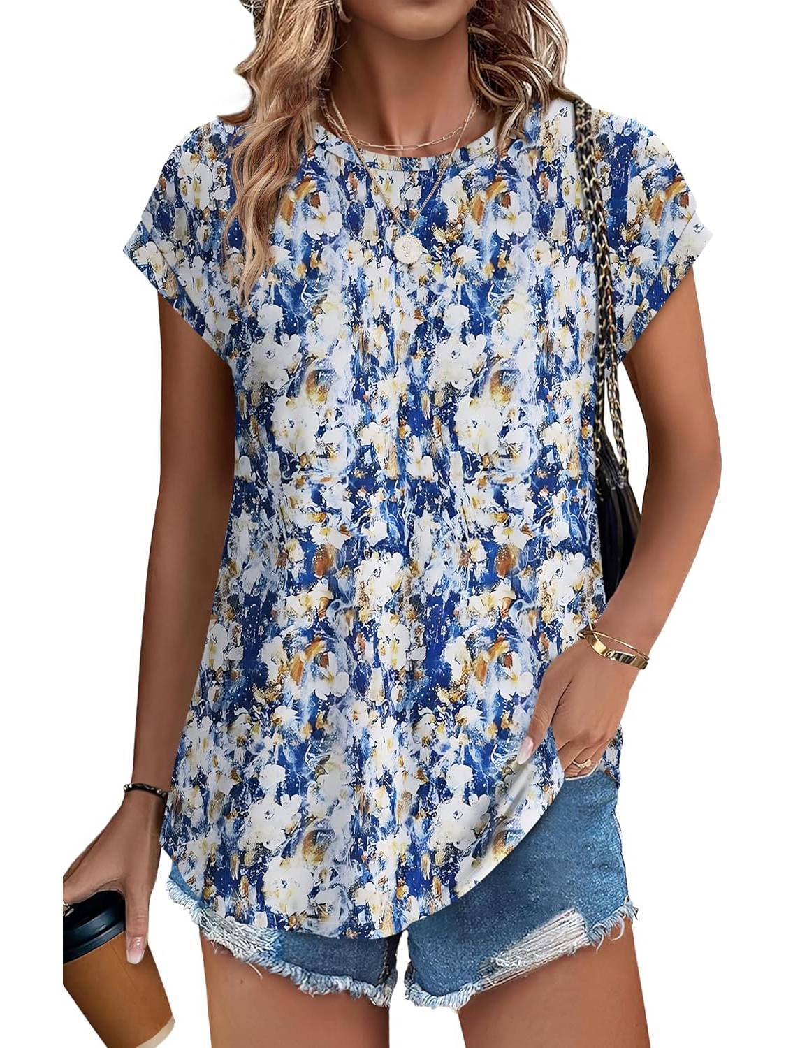 Bonnie | Women's Leaf Print Crew Neck Cap Sleeve Casual Top