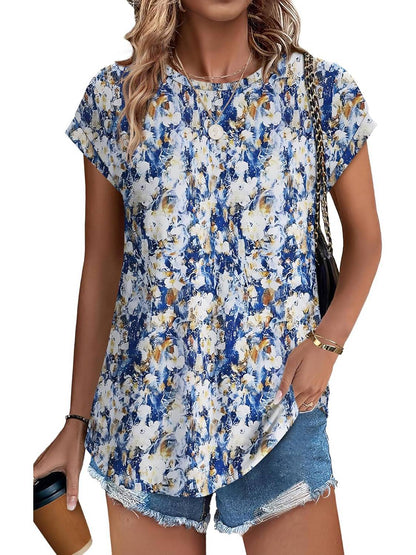 Bonnie | Women's Leaf Print Crew Neck Cap Sleeve Casual Top