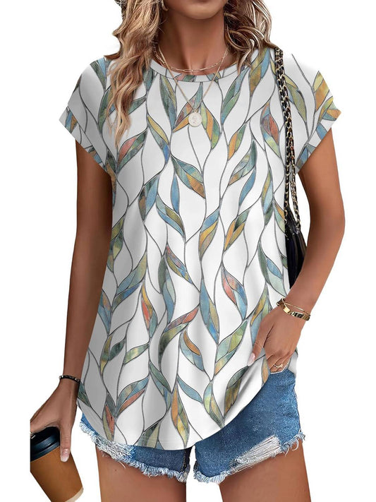 Bonnie | Women's Leaf Print Crew Neck Cap Sleeve Casual Top – Casual