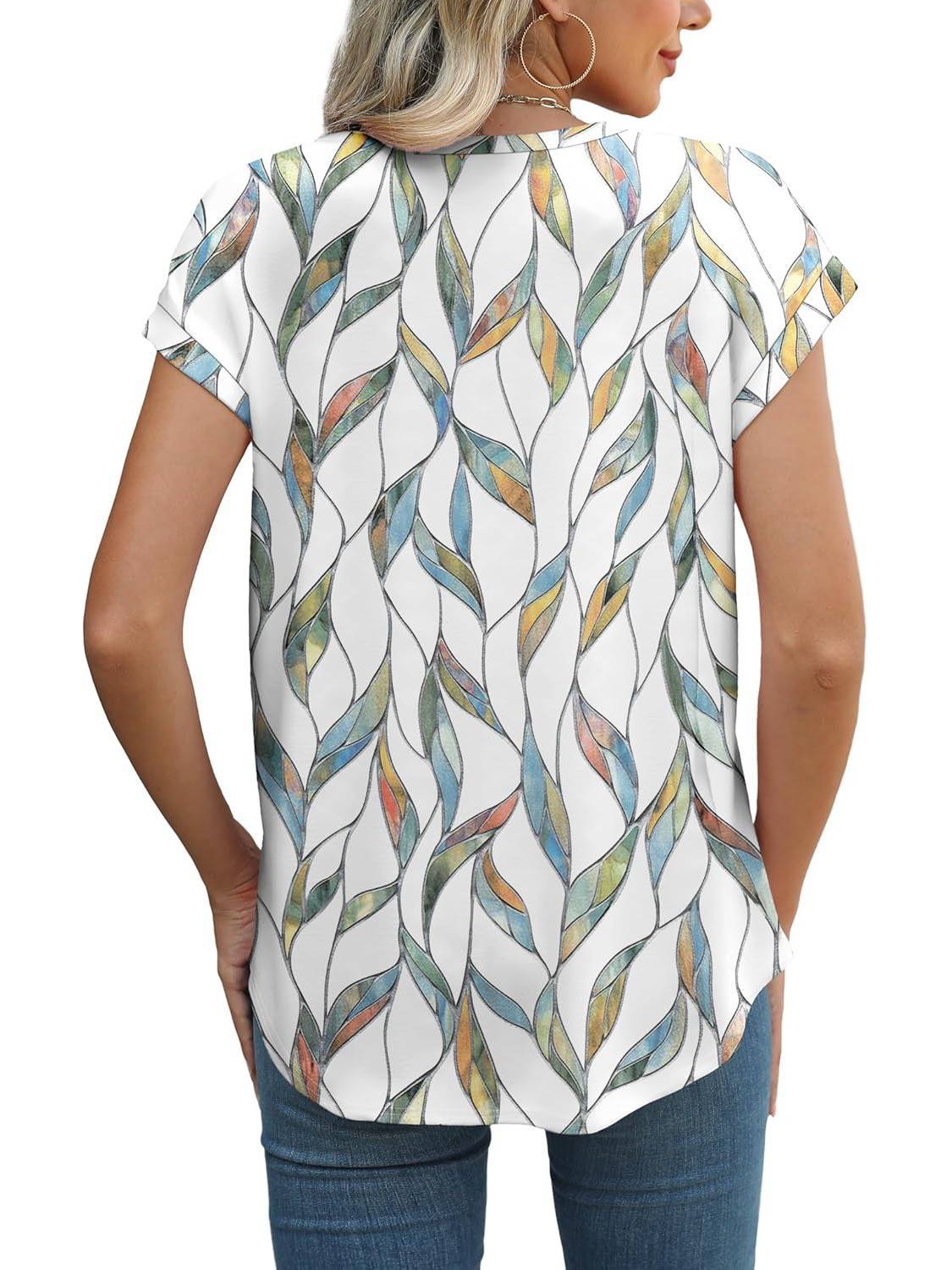 Bonnie | Women's Leaf Print Crew Neck Cap Sleeve Casual Top