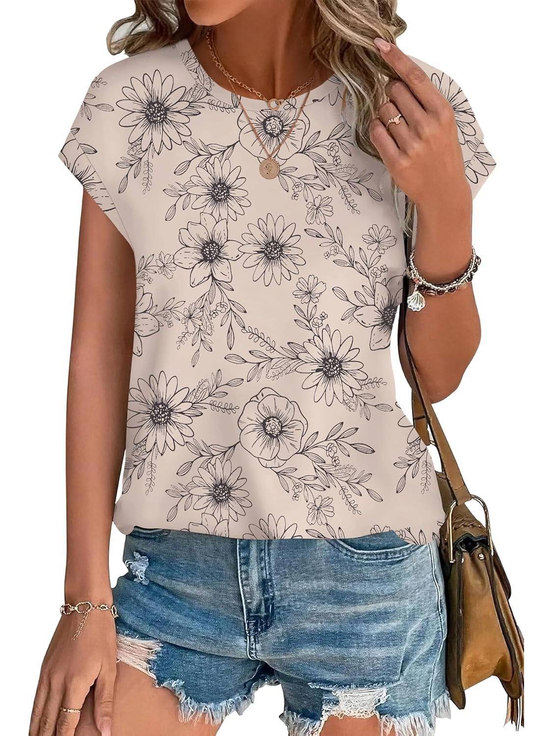 Bonnie | Women's Leaf Print Crew Neck Cap Sleeve Casual Top