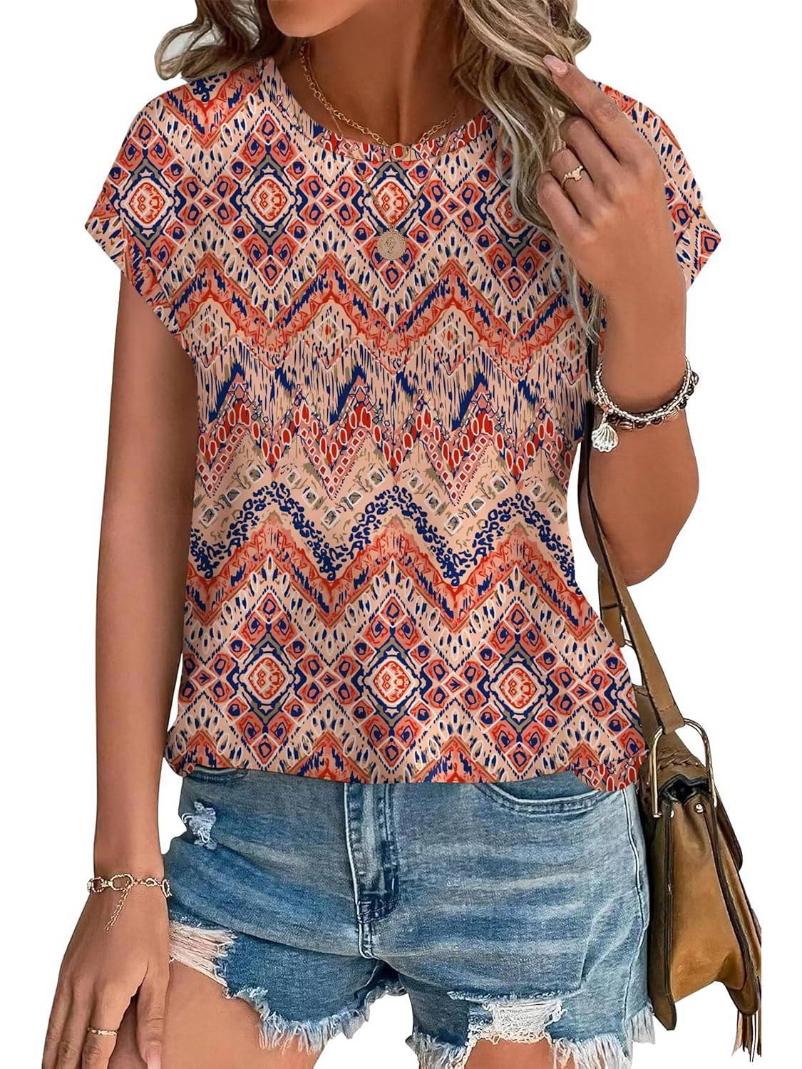 Bonnie | Women's Leaf Print Crew Neck Cap Sleeve Casual Top