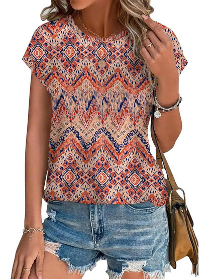 Bonnie | Women's Leaf Print Crew Neck Cap Sleeve Casual Top