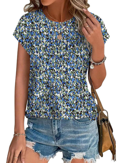 Bonnie | Women's Leaf Print Crew Neck Cap Sleeve Casual Top