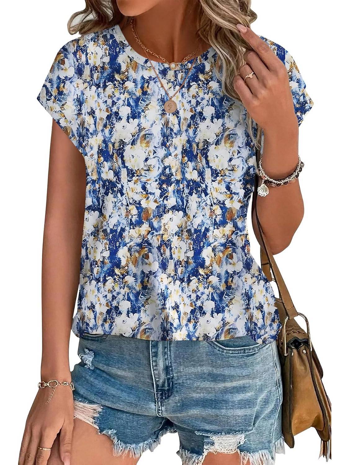 Bonnie | Women's Leaf Print Crew Neck Cap Sleeve Casual Top