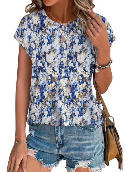 Bonnie | Women's Leaf Print Crew Neck Cap Sleeve Casual Top