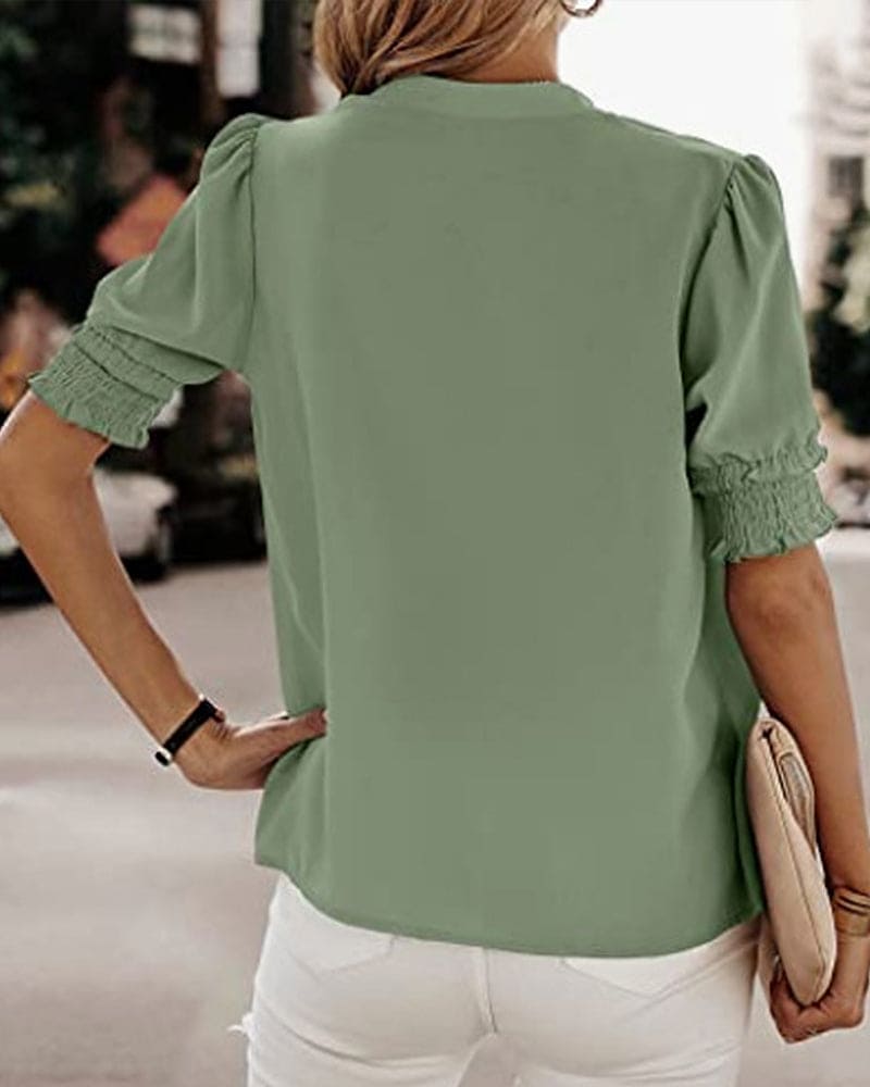 Adrienne | Women's V-Neck Puff Sleeve Blouse Short Sleeve Top – V-Neck, Short Sleeve