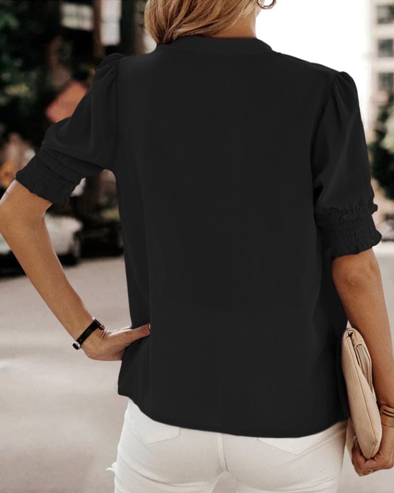 Adrienne | Women's V-Neck Puff Sleeve Blouse Short Sleeve Top – V-Neck, Short Sleeve