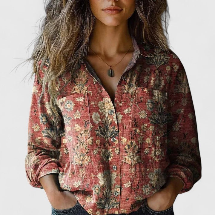 Terri-Lynn | Women's Vintage Floral Print Long Sleeve Button-Down Shirt – Floral Print, Long Sleeve