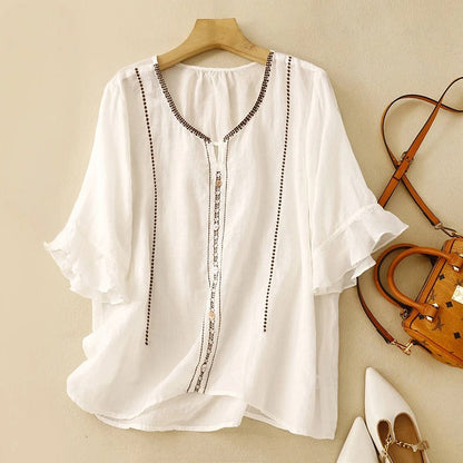 Ivy | Women's Pattern Ruffle Sleeve Blouse – Ruffle Detail, Casual