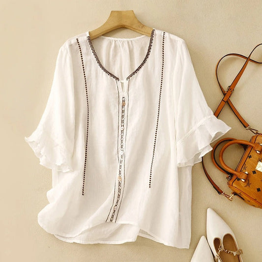 Ivy | Women's Pattern Ruffle Sleeve Blouse – Ruffle Detail, Casual