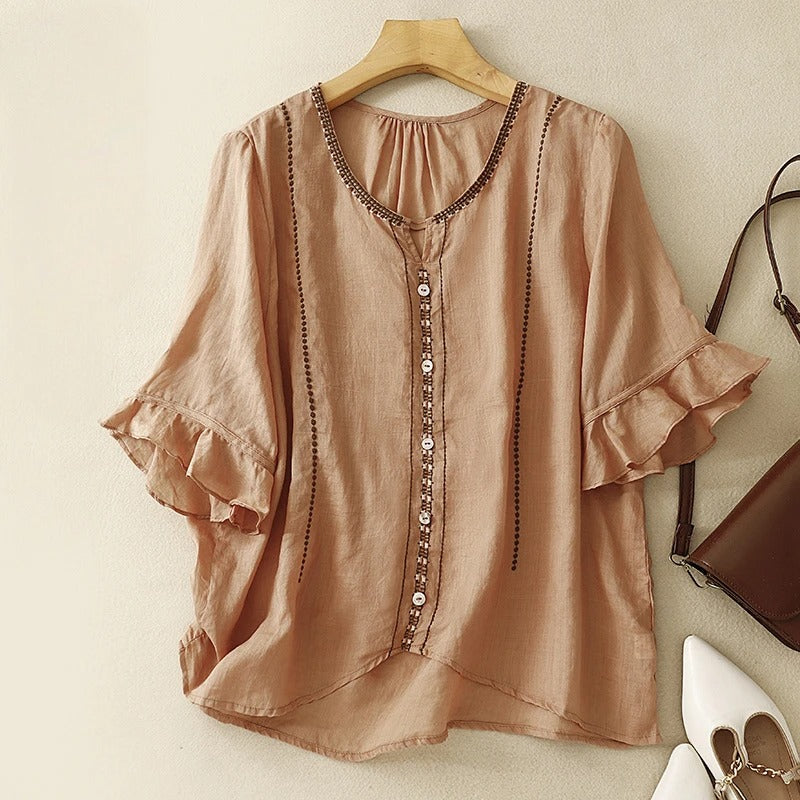 Ivy | Women's Pattern Ruffle Sleeve Blouse – Ruffle Detail, Casual