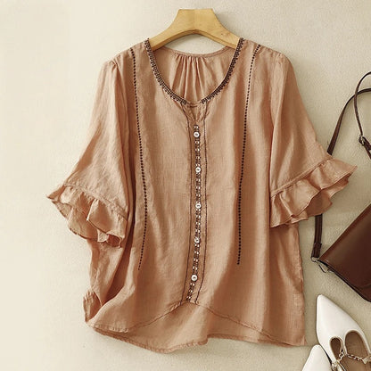 Ivy | Women's Pattern Ruffle Sleeve Blouse – Ruffle Detail, Casual