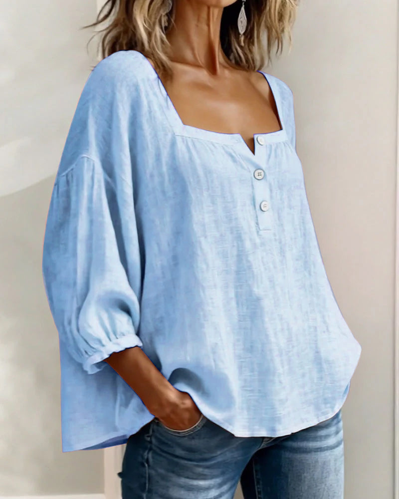 Angelina | Women's Square Neck Blouse 3/4 Puff Sleeve Button Top – Casual