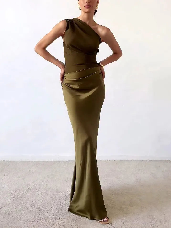 Denise | Women's Elegant One Shoulder Neck Pleated Party Maxi Dress – Maxi, Pleated