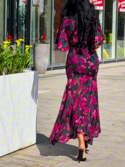 Camille | Women's Retro V-neck trumpet sleeve printed dress – V-Neck, Retro