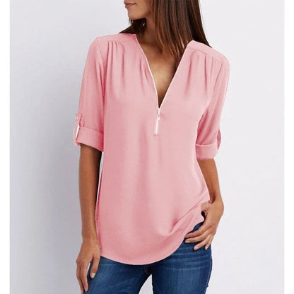 Jaizy | Women's Zip-Up V-Neck Half Sleeve Casual Blouse Top – V-Neck, Casual