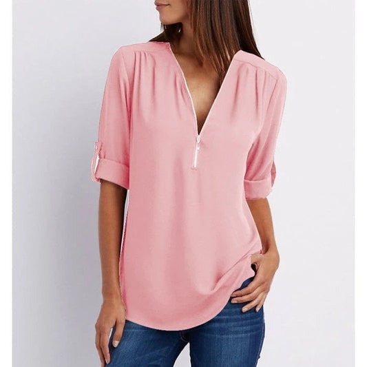 Jaizy | Women's Zip-Up V-Neck Half Sleeve Casual Blouse Top – V-Neck, Casual