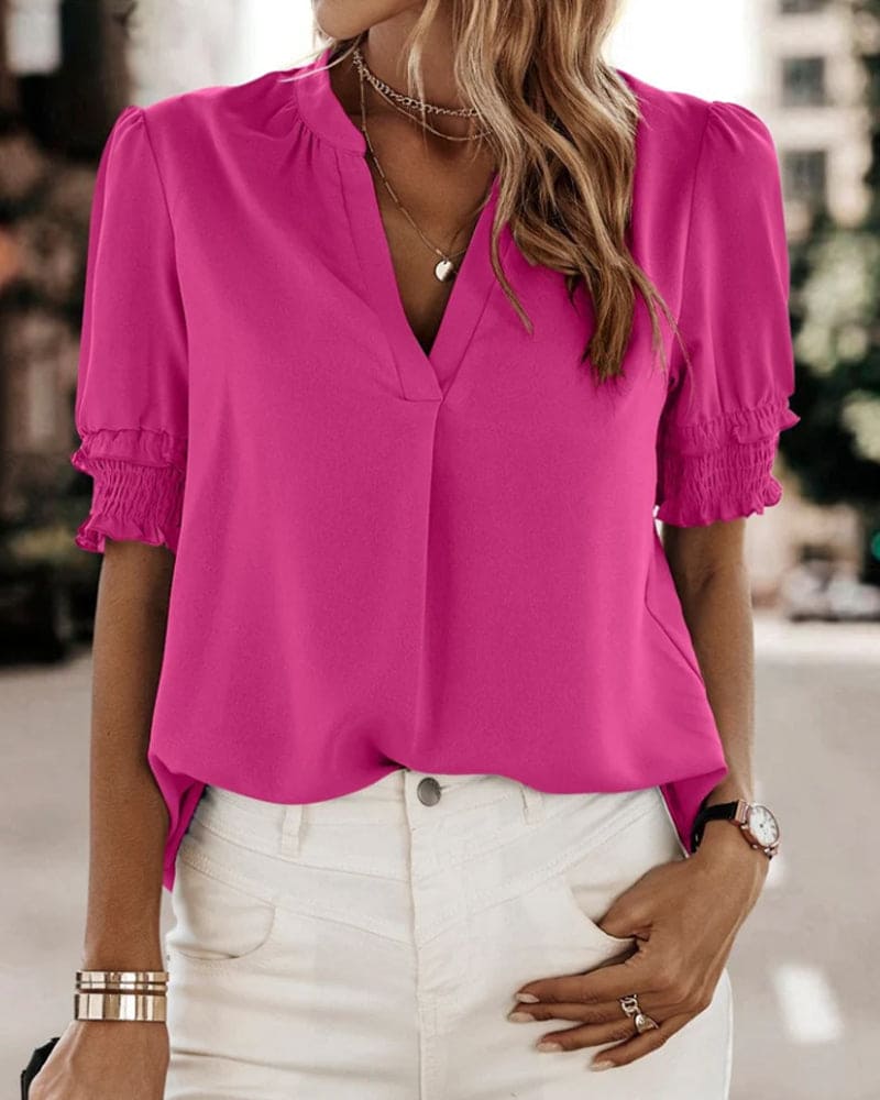Adrienne | Women's V-Neck Puff Sleeve Blouse Short Sleeve Top – V-Neck, Short Sleeve