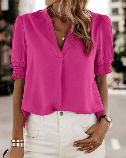 Adrienne | Women's V-Neck Puff Sleeve Blouse Short Sleeve Top – V-Neck, Short Sleeve