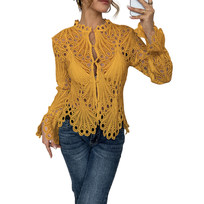 Lauri | Women's Lace Cutwork Blouse Long Sleeve Hollow Out Top – Lace Detail, Long Sleeve